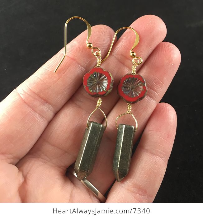 Red Glass Hawaiian Flower and Pyrite Dagger Earrings with Gold Wire - #BQnxVP5HTUY-1