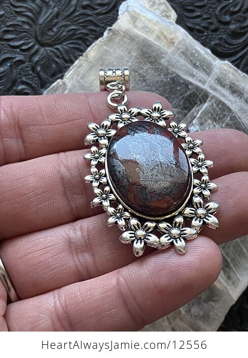 Red Jasper Hematite Floral Crystal Stone Jewelry Pendant - #YC9c04SIatM-4