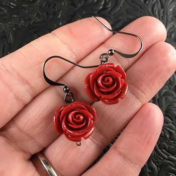 Red Rose and Earrings with Hematite Black Wire #YK8gmTibao4