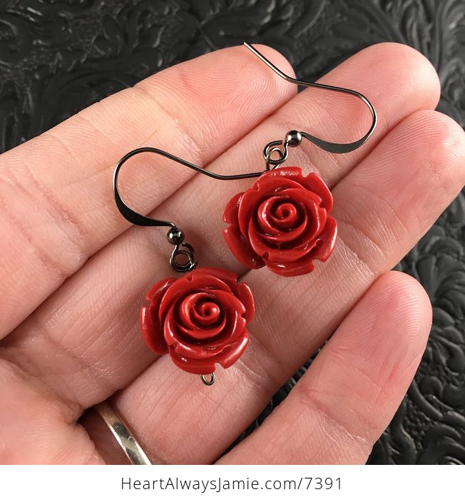 Red Rose and Earrings with Hematite Black Wire - #YK8gmTibao4-1