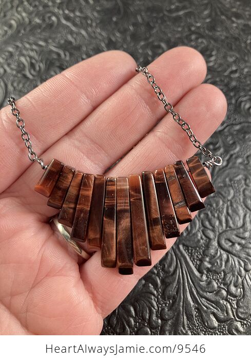Red Tigers Eye Stone Bar and Hematite Chain Collar Pendant Necklace - #8qK8woOOuW8-4