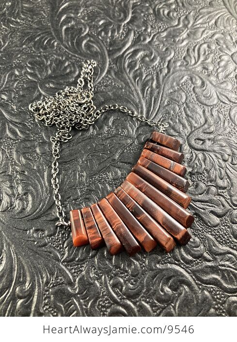 Red Tigers Eye Stone Bar and Hematite Chain Collar Pendant Necklace - #8qK8woOOuW8-5