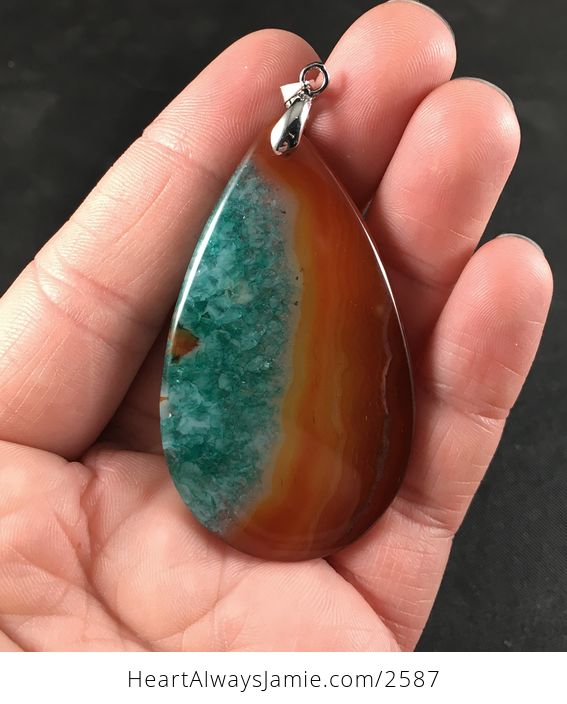 Reddish Brown and Teal Druzy Agate Stone Pendant Necklace - #WqLNChpH7d4-2