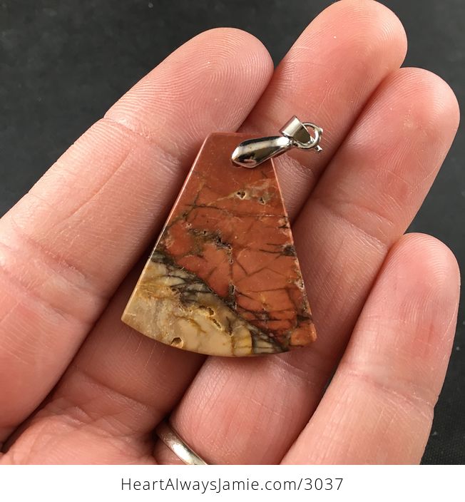 Reddish Orange Tan and Brown Natural Picasso Jasper Stone Pendant Necklace - #sD6IlPx9gU4-2