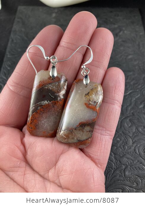 Redish Orange Brown and Tan Druzy Rainbow Jasper Stone Jewelry Earrings - #gzdZ3bx31VU-4