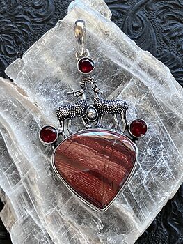Reindeer Buck Stag Deer Red Rainbow Jasper and Garnet Stone Jewelry Crystal Pendant #l63Nvz0qwI0