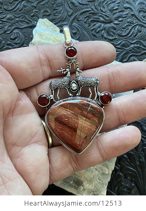 Reindeer Buck Stag Deer Red Rainbow Jasper and Garnet Stone Jewelry Crystal Pendant - #l63Nvz0qwI0-2