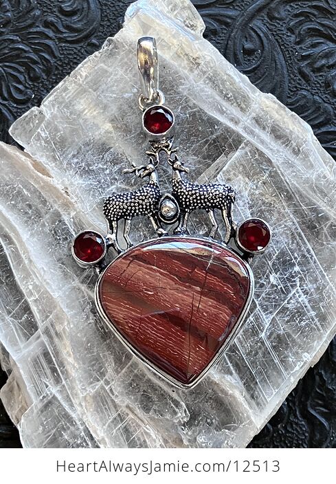 Reindeer Buck Stag Deer Red Rainbow Jasper and Garnet Stone Jewelry Crystal Pendant - #l63Nvz0qwI0-1