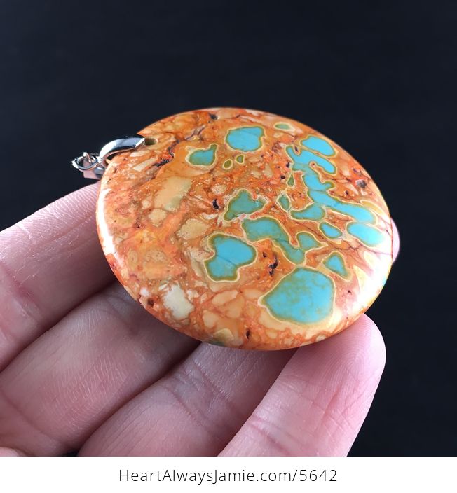 Reserved Round Fiery Orange and Blue Turquoise Stone Jewelry Pendant - #ZrxIxLQRLvU-4