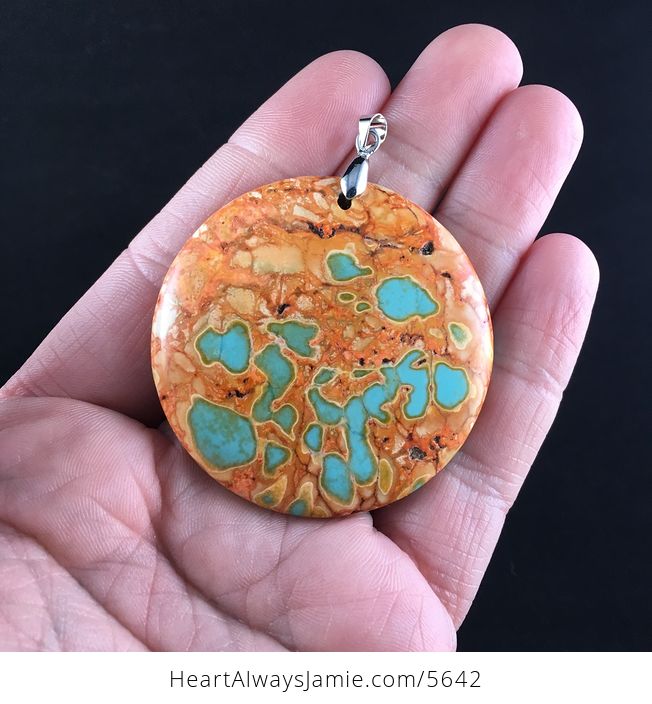 Reserved Round Fiery Orange and Blue Turquoise Stone Jewelry Pendant - #ZrxIxLQRLvU-1