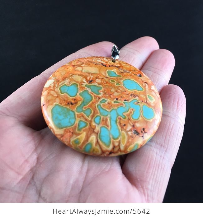 Reserved Round Fiery Orange and Blue Turquoise Stone Jewelry Pendant - #ZrxIxLQRLvU-2