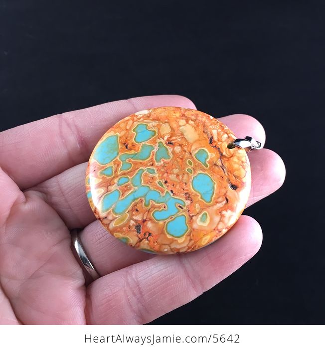 Reserved Round Fiery Orange and Blue Turquoise Stone Jewelry Pendant - #ZrxIxLQRLvU-3