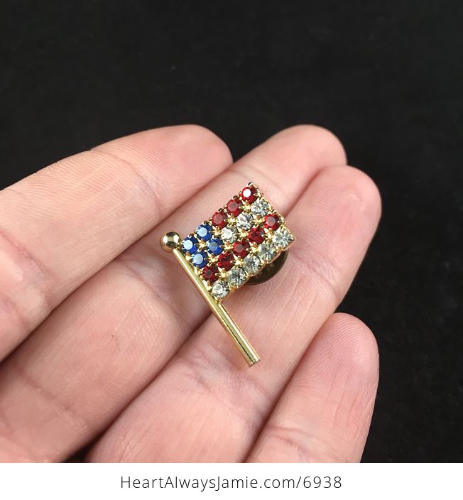 Rhinestone and Gold Tone American Flag Pin Jewelry - #7lilmyKZrlA-2