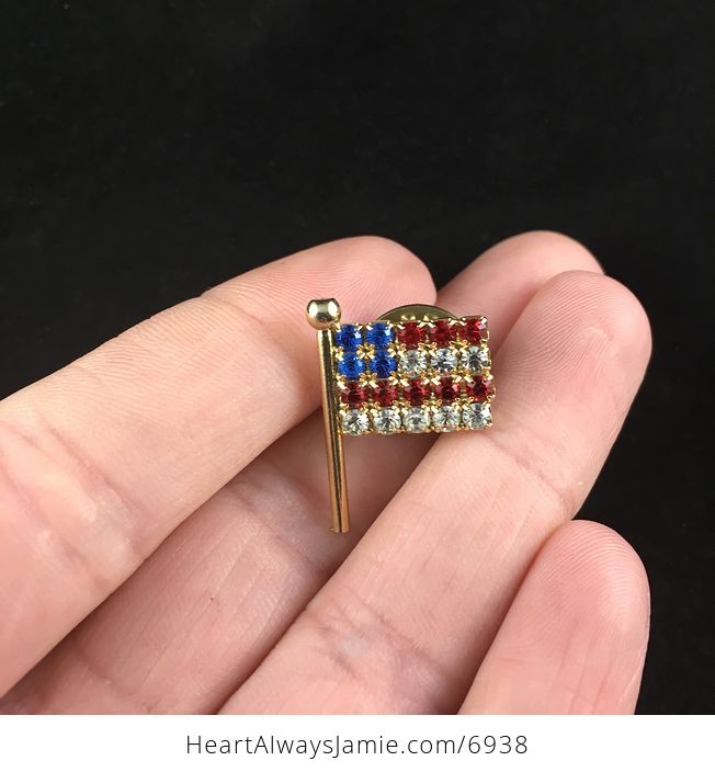 Rhinestone and Gold Tone American Flag Pin Jewelry - #7lilmyKZrlA-1