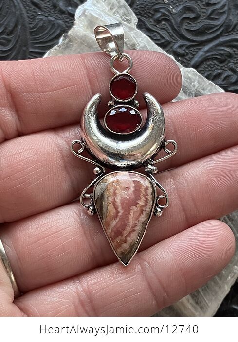 Rhodochrosite and Garnet Witchy Mustic Lunar Crystal Stone Jewelry Pendant - #gUNCb2IXx2E-1