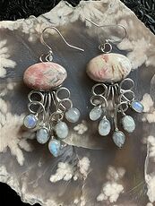 Rhodochrosite and Rainbow Moonstone Gemstone Crystal Jewelry Swirl Earrings #KK0FoyODIB8