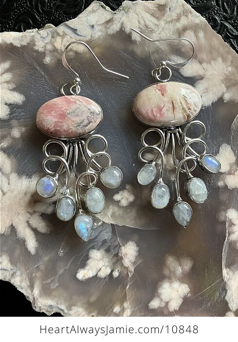 Rhodochrosite and Rainbow Moonstone Gemstone Crystal Jewelry Swirl Earrings - #KK0FoyODIB8-1