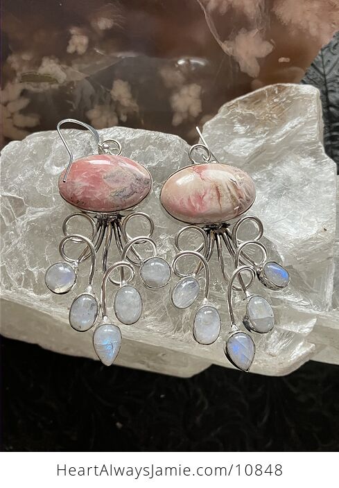 Rhodochrosite and Rainbow Moonstone Gemstone Crystal Jewelry Swirl Earrings - #KK0FoyODIB8-7