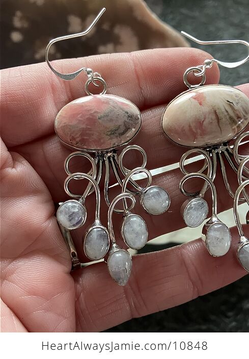 Rhodochrosite and Rainbow Moonstone Gemstone Crystal Jewelry Swirl Earrings - #KK0FoyODIB8-4