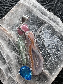 Rhodochrosite Druzy Agate Slice Green Kyanite and Blue Topaz Stone Crystal Jewelry Pendant #OMvNgkcGhJI