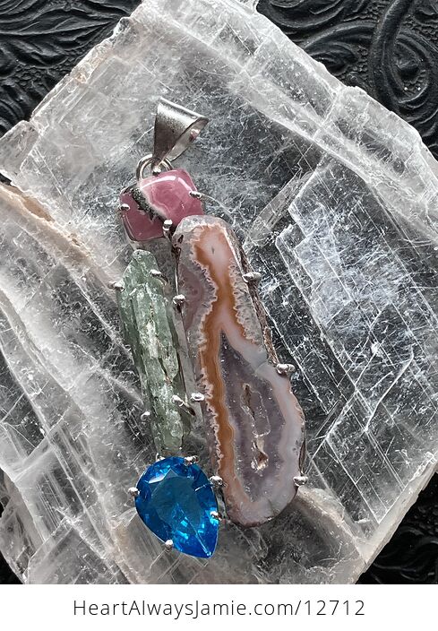 Rhodochrosite Druzy Agate Slice Green Kyanite and Blue Topaz Stone Crystal Jewelry Pendant - #OMvNgkcGhJI-1