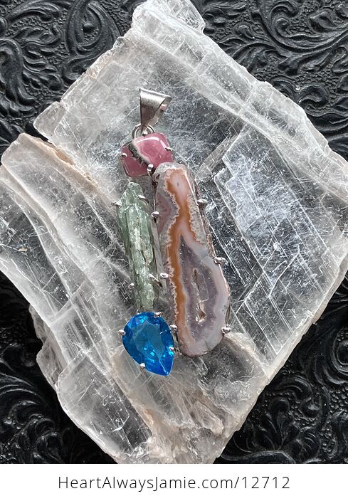 Rhodochrosite Druzy Agate Slice Green Kyanite and Blue Topaz Stone Crystal Jewelry Pendant - #OMvNgkcGhJI-3