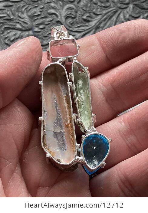 Rhodochrosite Druzy Agate Slice Green Kyanite and Blue Topaz Stone Crystal Jewelry Pendant - #OMvNgkcGhJI-8