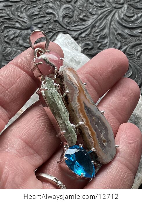 Rhodochrosite Druzy Agate Slice Green Kyanite and Blue Topaz Stone Crystal Jewelry Pendant - #OMvNgkcGhJI-6