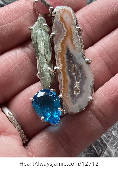 Rhodochrosite Druzy Agate Slice Green Kyanite and Blue Topaz Stone Crystal Jewelry Pendant - #OMvNgkcGhJI-10