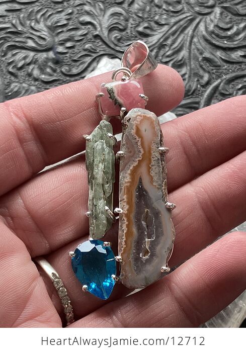 Rhodochrosite Druzy Agate Slice Green Kyanite and Blue Topaz Stone Crystal Jewelry Pendant - #OMvNgkcGhJI-5