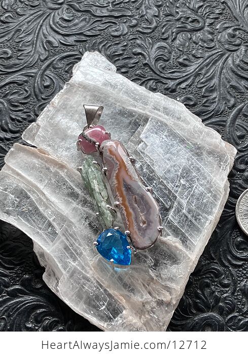 Rhodochrosite Druzy Agate Slice Green Kyanite and Blue Topaz Stone Crystal Jewelry Pendant - #OMvNgkcGhJI-2