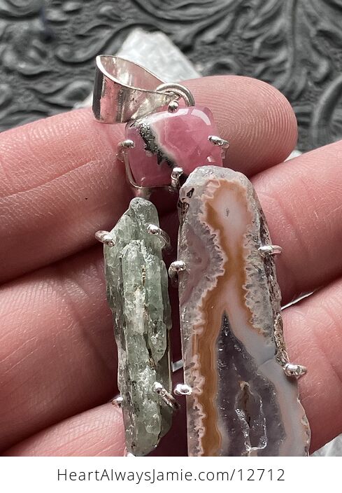 Rhodochrosite Druzy Agate Slice Green Kyanite and Blue Topaz Stone Crystal Jewelry Pendant - #OMvNgkcGhJI-9