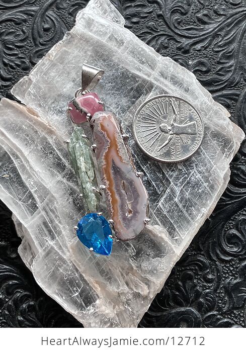 Rhodochrosite Druzy Agate Slice Green Kyanite and Blue Topaz Stone Crystal Jewelry Pendant - #OMvNgkcGhJI-4