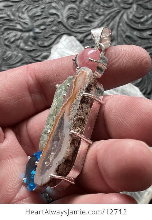 Rhodochrosite Druzy Agate Slice Green Kyanite and Blue Topaz Stone Crystal Jewelry Pendant - #OMvNgkcGhJI-7