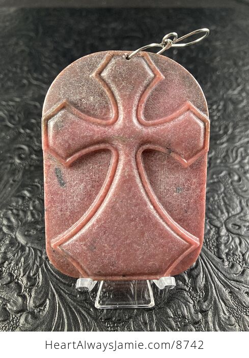 Rhodonite Cross Stone Jewelry Pendant Mini Art Ornament - #JgO6fQxnSp4-1