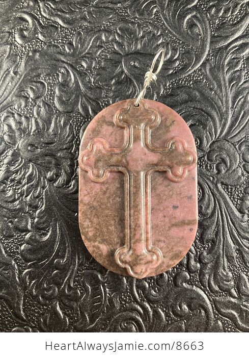 Rhodonite Cross Stone Jewelry Pendant Mini Art Ornament - #wBmcDyUDsmw-1