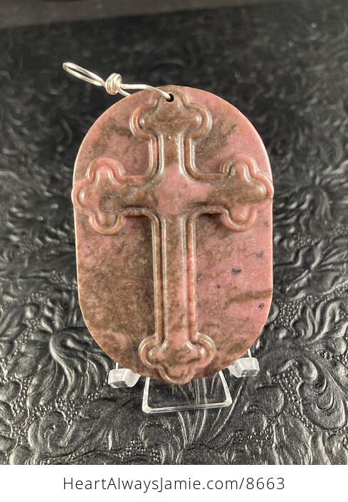 Rhodonite Cross Stone Jewelry Pendant Mini Art Ornament - #wBmcDyUDsmw-2
