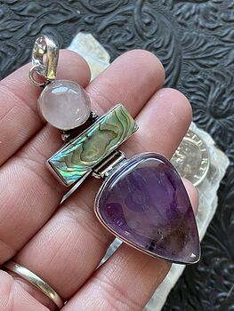 Rose Quartz Abalone Shell and Amethyst Gemstone Crystal Jewelry Pendant #Z2cjz1oVuF8