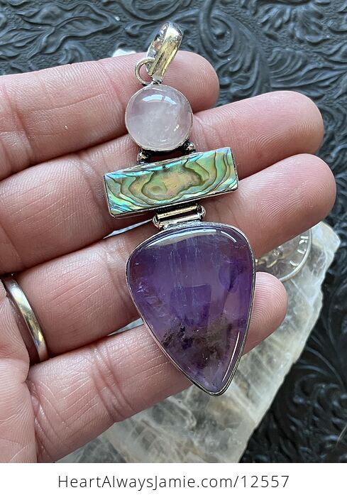 Rose Quartz Abalone Shell and Amethyst Gemstone Crystal Jewelry Pendant - #Z2cjz1oVuF8-2