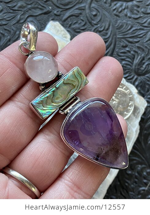 Rose Quartz Abalone Shell and Amethyst Gemstone Crystal Jewelry Pendant - #Z2cjz1oVuF8-1