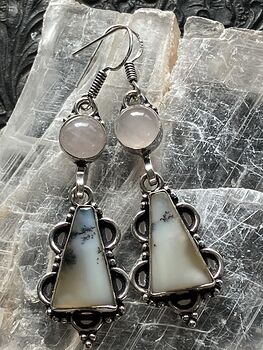 Rose Quartz and Dendritic Opal Agate Crystal Stone Jewelry Earrings #VISAlMa13FA