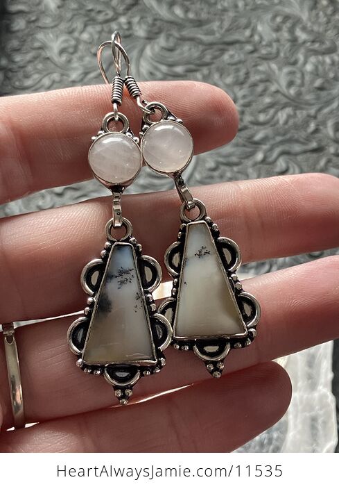 Rose Quartz and Dendritic Opal Agate Crystal Stone Jewelry Earrings - #VISAlMa13FA-5