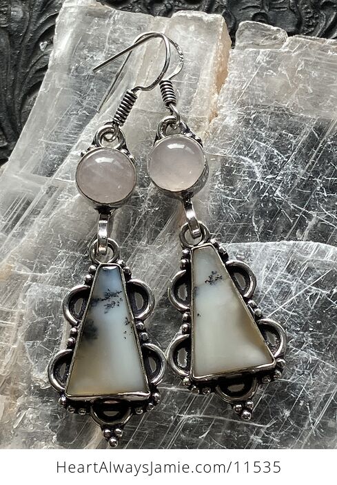 Rose Quartz and Dendritic Opal Agate Crystal Stone Jewelry Earrings - #VISAlMa13FA-1
