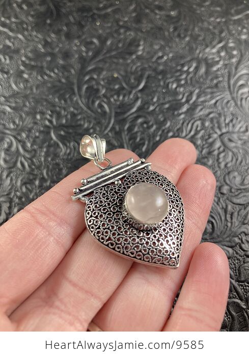 Rose Quartz Crystal Stone and Silver Heart Jewelry Pendant - #qYrbYSRjdbE-3