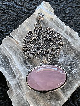 Rose Quartz Crystal Stone Bird Tree Nature Jewelry Pendant #WVErIBPM3jw