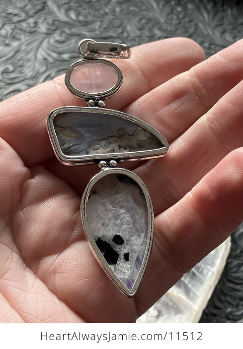 Rose Quartz Mossy Common Blue Opal and Rainbow Moonstone Crystal Stone Jewelry Pendant - #fvUo0OSmb6w-5