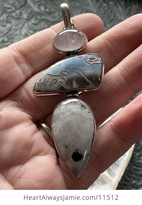 Rose Quartz Mossy Common Blue Opal and Rainbow Moonstone Crystal Stone Jewelry Pendant - #fvUo0OSmb6w-2