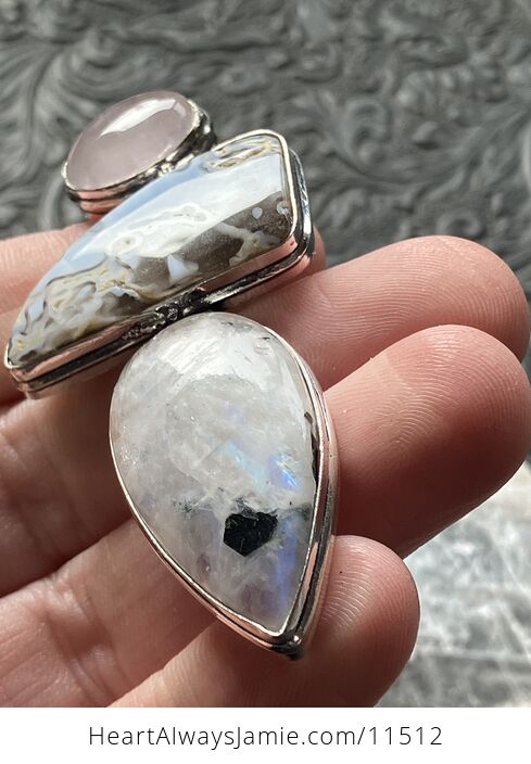 Rose Quartz Mossy Common Blue Opal and Rainbow Moonstone Crystal Stone Jewelry Pendant - #fvUo0OSmb6w-9
