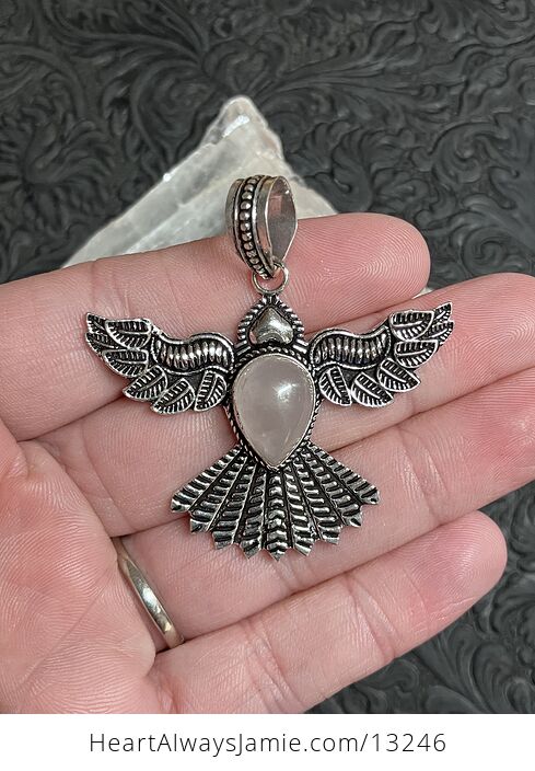 Rose Quartz Set in an Open Winged Bird Pendant Crystal Stone Jewelry - #T2c91WxSPaU-1