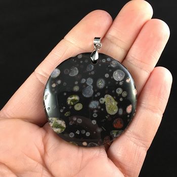 Round Black and Colorful Plum Blossom Jasper Stone Jewelry Pendant #Ku9goBP1yrc